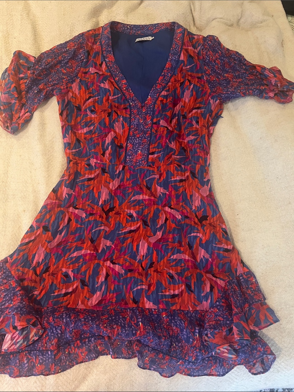 Tanya Taylor Red, Pink & Blue Floral V-Neck Ruffle Dress